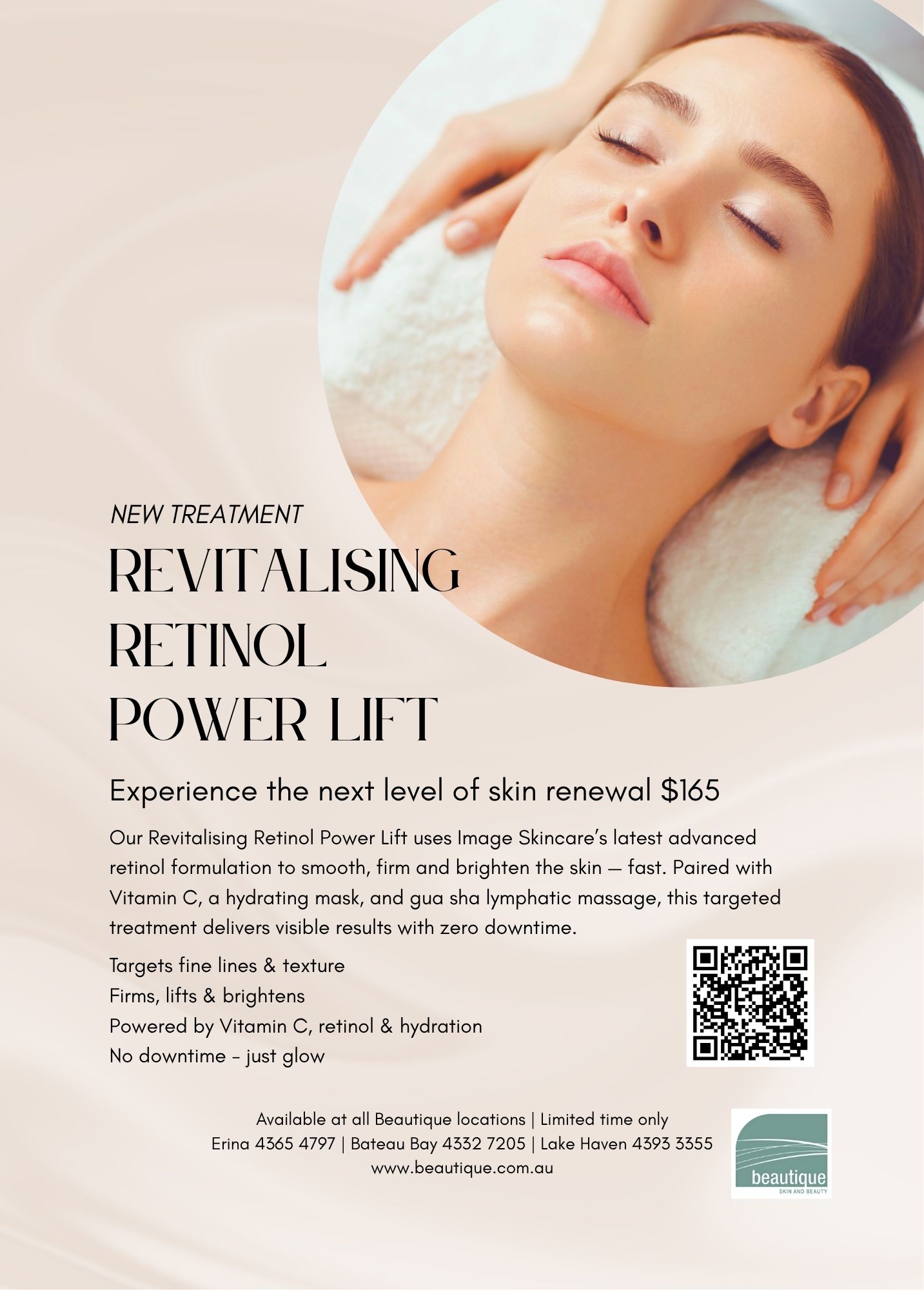 Details of Revitalising Retinol Power Lift with woman about to receive facial