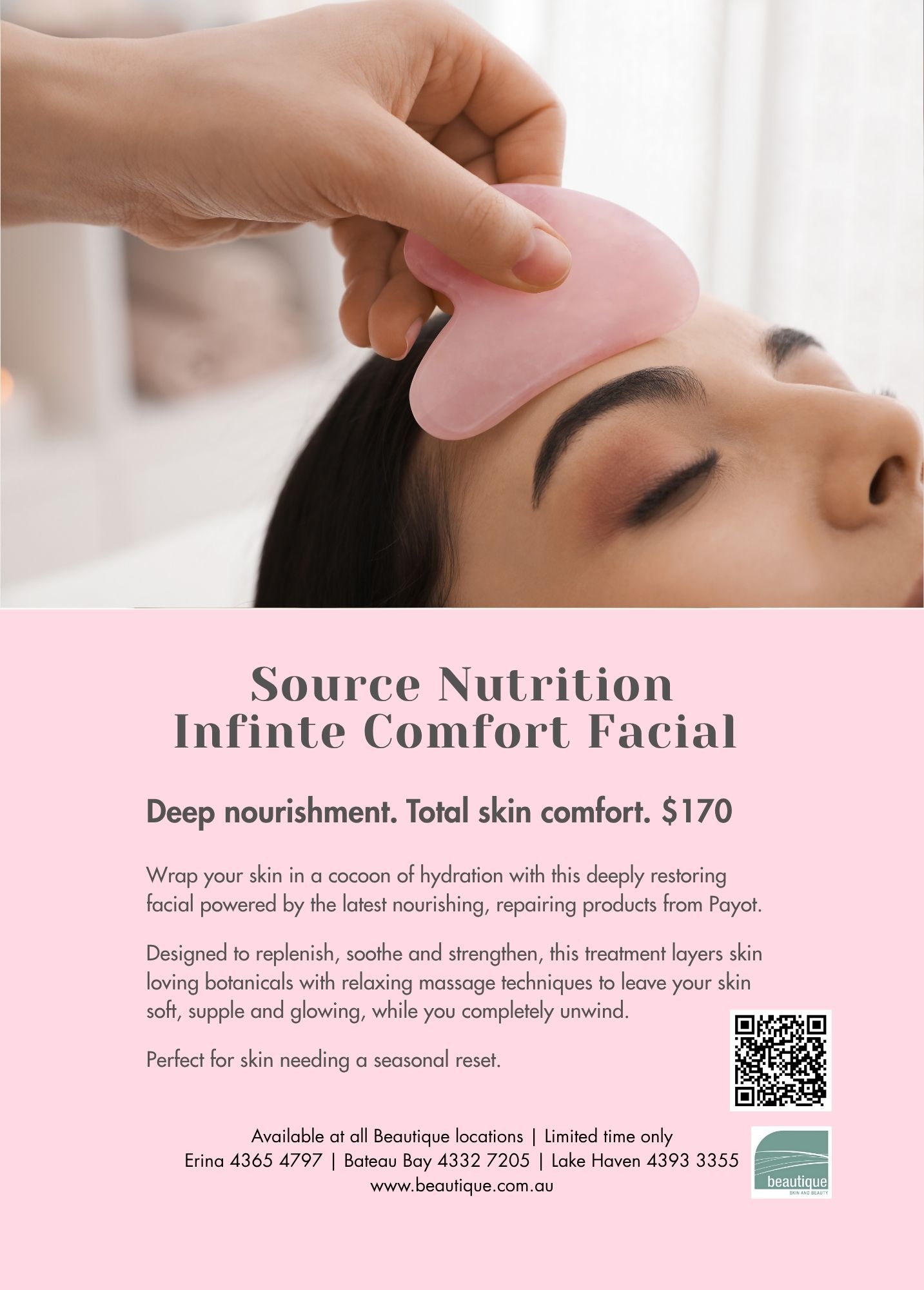 details of Source Nutrition Infinite Comfort Facial with image of woman getting gum she facial